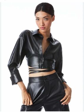 Alice and Olivia Flossie Cropped Faux Leather Button-Up Top in Black - Size S